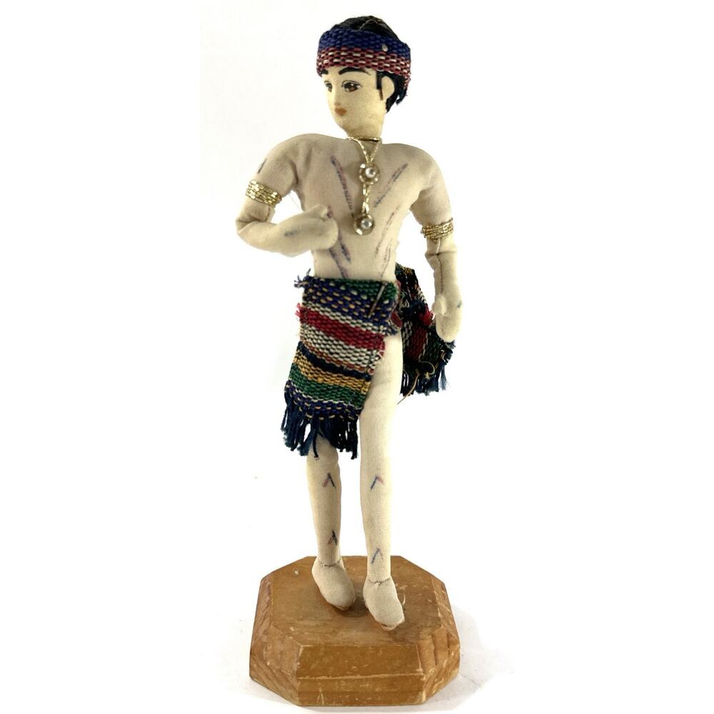 Vintage Handmade Tribal Folk Art Doll 7” Felt Figure Woven Skirt Wood Base - Picture 3 of 7